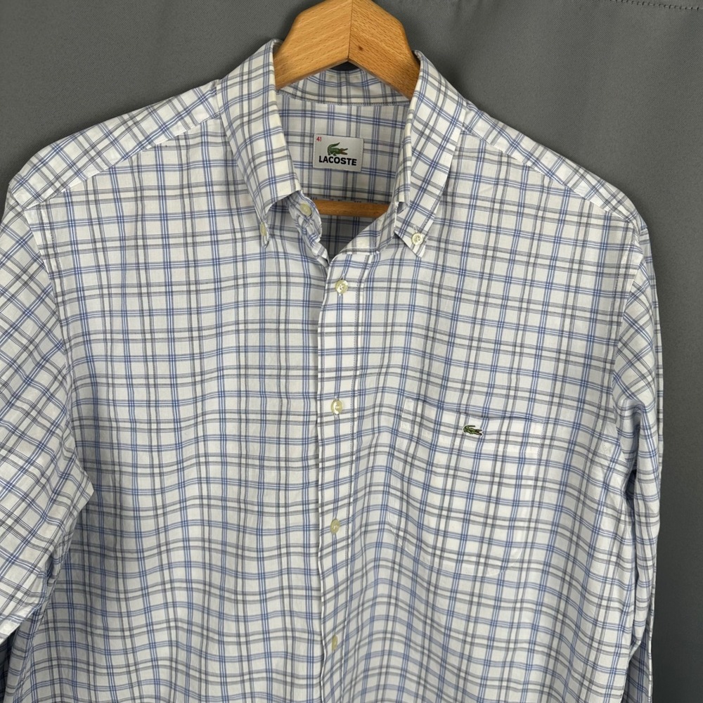 Lacoste Mens Plaid Button Down Shirt Blue Grey White Long Sleeve Size 41 Logo - Picture 2 of 7